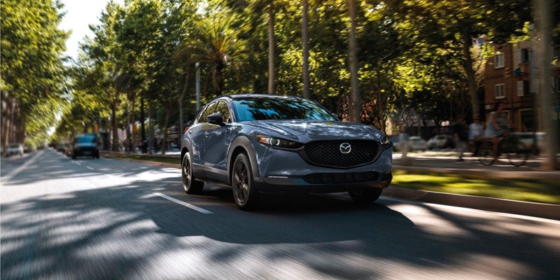 Gray Mazda CX-30 crossover SUV driving along a tree-lined city street