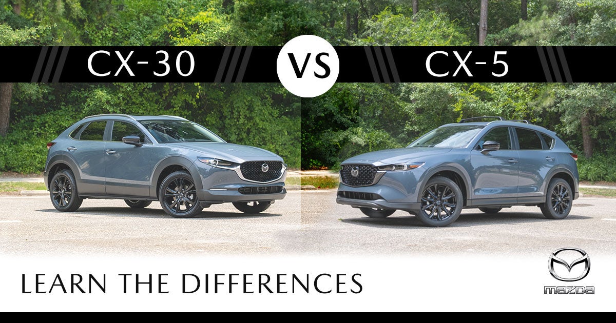 Image that shows a Mazda CX-30 on the left and a Mazda Cx-5 on the left. At the top of the image, th…