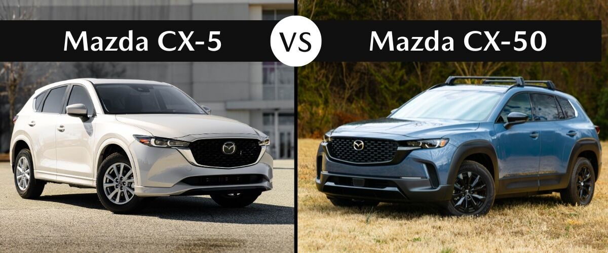 White Mazda Cx-5 next to a blue Mazda CX-50