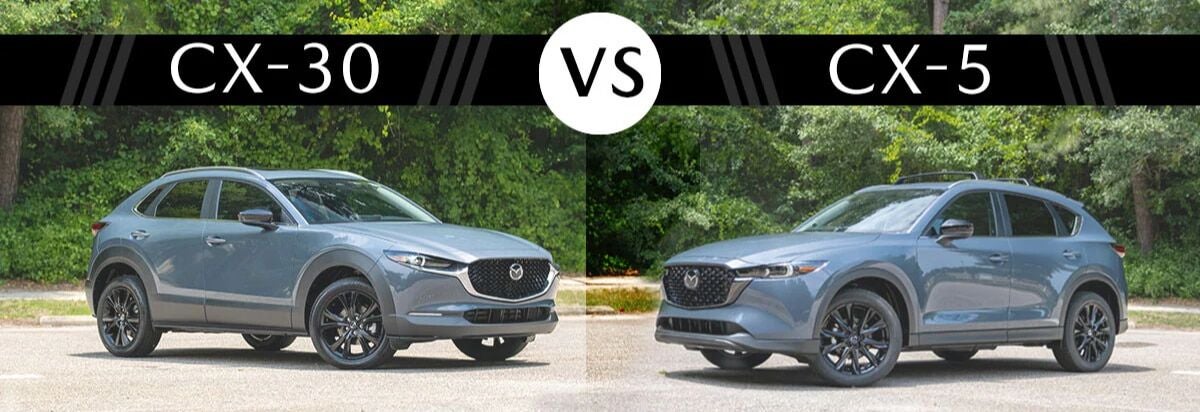 Photo shows a Mazda CX-30 on the left and a Mazda CX-5 on the right. The words CX-30 vs Cx-5 appear…